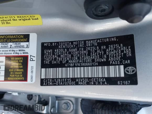 2017 Toyota Camry XLE z VIN 4T1BF1FK1HU660134, wystawiony jako IAAI lot #41697739 z przebiegiem 116 243 mil mil oraz . Historia ofert i sprzedaży dostępna na DreamBid. Obrazek 9.