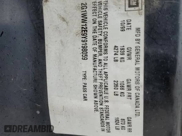 2000 Chevrolet Monte Carlo LS с VIN 2G1WW12E9Y9198059, выставлен на аукционе Copart как лот 47072195 с пробегом 181 247 миль миль и Списание • Salvage title. История ставок и продаж доступна на DreamBid. Изображение 14.