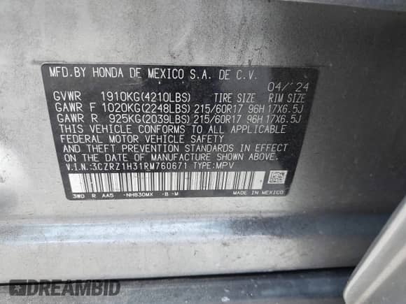 2024 Honda HR-V LX с VIN 3CZRZ1H31RM760671, выставлен на аукционе IAAI как лот 43028171 с пробегом 50 667 миль миль и . История ставок и продаж доступна на DreamBid. Изображение 9.