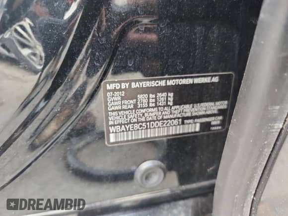 2013 BMW 7 Series 750Li с VIN WBAYE8C51DDE22061, выставлен на аукционе Copart как лот 63578755 с пробегом 137 192 миль миль и Списание • Salvage title. История ставок и продаж доступна на DreamBid. Изображение 12.