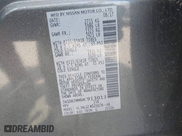 2017 Nissan Pathfinder SV with VIN 5N1DR2MM6HC913013, listed as a IAAI auction lot 42402476 with 78,188 mi miles and . Bid and sale history available at DreamBid. Image 9.