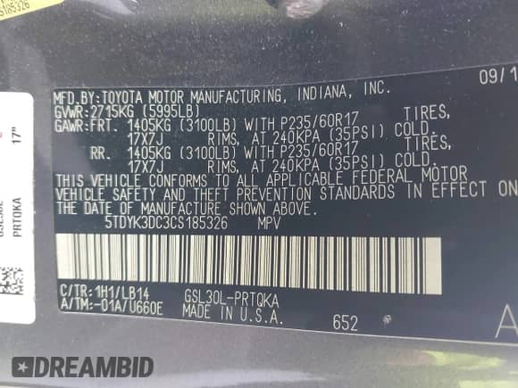 2012 Toyota Sienna XLE AAS with VIN 5TDYK3DC3CS185326, listed as a IAAI auction lot 42576736 with 189,134 mi miles and . Bid and sale history available at DreamBid. Image 9.