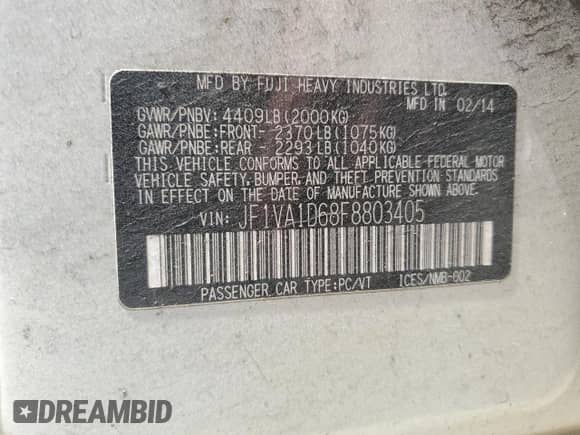 2015 Subaru WRX Premium with VIN JF1VA1D68F8803405, listed as a Copart auction lot 68022215 with 187,471 mi miles and Salvage title. Bid and sale history available at DreamBid. Image 12.