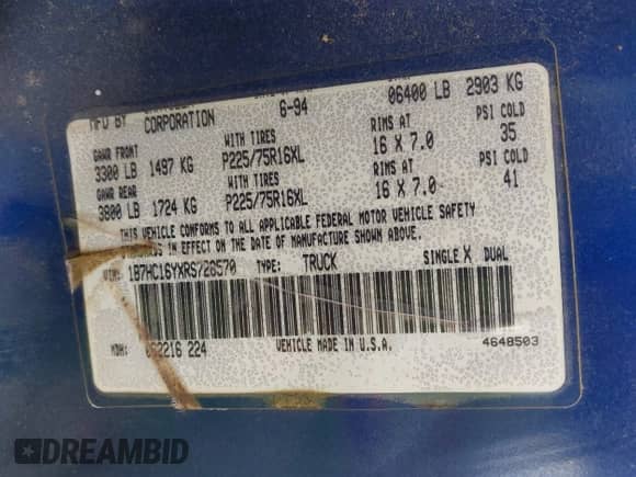 1994 Dodge 1500 z VIN 1B7HC16YXRS728570, wystawiony jako IAAI lot #42637315 z przebiegiem 104 904 mil mil oraz . Historia ofert i sprzedaży dostępna na DreamBid. Obrazek 9.