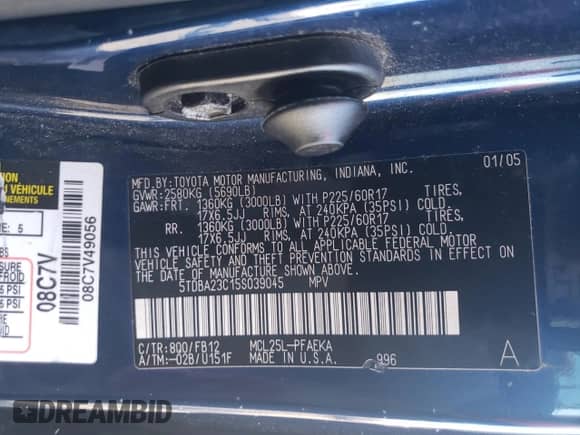 2005 Toyota Sienna LE with VIN 5TDBA23C15S039045, listed as a Copart auction lot 81860655 with 230,281 mi miles and Salvage title. Bid and sale history available at DreamBid. Image 13.