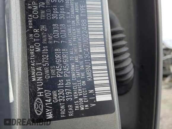 2007 Hyundai Veracruz GLS с VIN KM8NU13C47U022488, выставлен на аукционе Copart как лот 43187925 с пробегом 146 066 миль миль и Чистый • Clean title. История ставок и продаж доступна на DreamBid. Изображение 13.