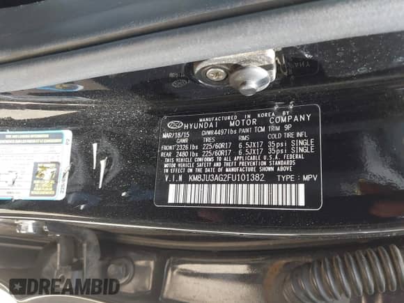 2015 Hyundai Tucson SE with VIN KM8JU3AG2FU101382, listed as a IAAI auction lot 42828657 with 129,221 mi miles and . Bid and sale history available at DreamBid. Image 9.