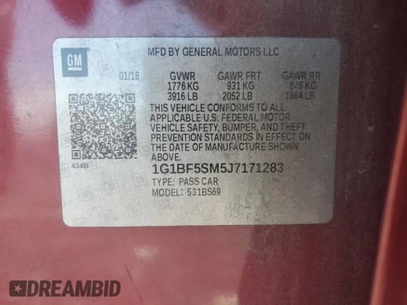 2018 Chevrolet Cruze Premier with VIN 1G1BF5SM5J7171283, listed as a Copart auction lot 81556795 with 96,372 mi miles and Salvage title. Bid and sale history available at DreamBid. Image 12.