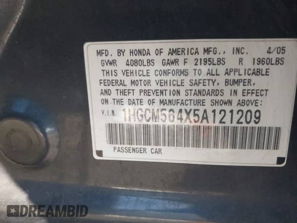 2005 Honda Accord LX с VIN 1HGCM564X5A121209, выставлен на аукционе IAAI как лот 43012702 с пробегом 274 845 миль миль и . История ставок и продаж доступна на DreamBid. Изображение 9.