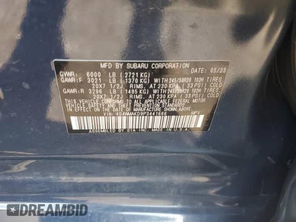 2023 Subaru Ascent Onyx Limited с VIN 4S4WMAKD9P3441666, выставлен на аукционе Copart как лот 62280595 с пробегом 38 871 миль миль и Списание • Salvage title. История ставок и продаж доступна на DreamBid. Изображение 13.