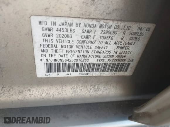 2005 Honda Accord with VIN JHMCN36425C010253, listed as a IAAI auction lot 43314891 with 238,099 mi miles and . Bid and sale history available at DreamBid. Image 9.