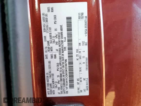 2016 Ford F-150 Lariat with VIN 1FTEW1CG0GKD36796, listed as a Copart auction lot 84236285 with 121,338 mi miles and Salvage title. Bid and sale history available at DreamBid. Image 12.