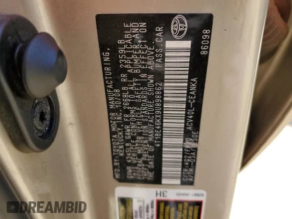 2009 Toyota Camry LE with VIN 4T1BE46KX9U898862, listed as a Copart auction lot 84802995 with 213,171 mi miles and Salvage title. Bid and sale history available at DreamBid. Image 12.