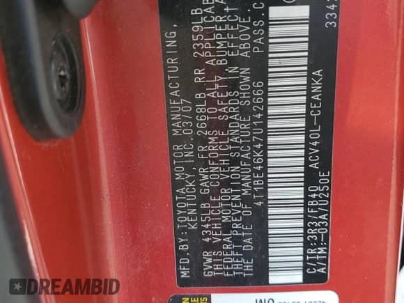 2007 Toyota Camry CE с VIN 4T1BE46K47U142666, выставлен на аукционе Copart как лот 82698075 с пробегом 245 026 миль миль и Чистый • Clean title. История ставок и продаж доступна на DreamBid. Изображение 12.