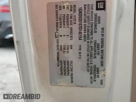 2007 Chevrolet Uplander 3LT с VIN 1GNDV33107D145154, выставлен на аукционе Copart как лот 77786304 с пробегом 188 916 миль миль и На запчасти • Non repairable. История ставок и продаж доступна на DreamBid. Изображение 13.