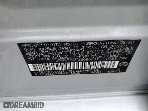 2008 Lexus IS 250 с VIN JTHBK262985086431, выставлен на аукционе Copart как лот 86513035 с пробегом 180 942 миль миль и Списание • Salvage title. История ставок и продаж доступна на DreamBid. Изображение 12.