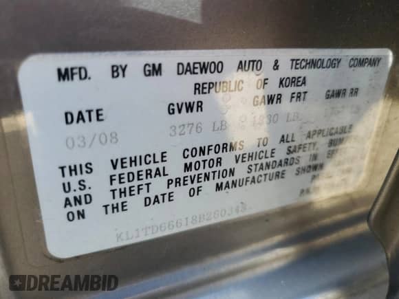 2008 Chevrolet Aveo LS z VIN KL1TD66618B260348, wystawiony jako Copart lot #66958175 z przebiegiem 80 202 mil mil oraz Szkoda całkowita • Salvage title. Historia ofert i sprzedaży dostępna na DreamBid. Obrazek 12.