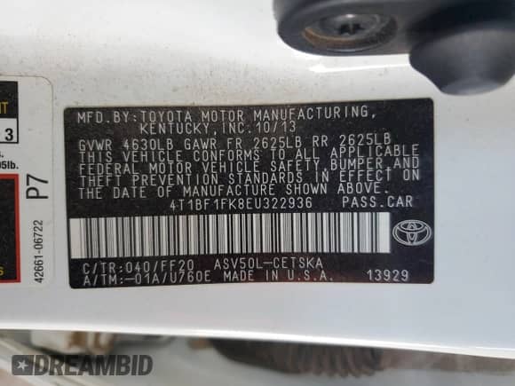 2014 Toyota Camry L с VIN 4T1BF1FK8EU322936, выставлен на аукционе Copart как лот 70527145 с пробегом 157 277 миль миль и Списание • Salvage title. История ставок и продаж доступна на DreamBid. Изображение 13.