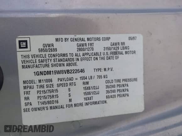 1997 Chevrolet Astro с VIN 1GNDM19W8VB222646, выставлен на аукционе IAAI как лот 42725154 с пробегом Не указан миль и . История ставок и продаж доступна на DreamBid. Изображение 9.