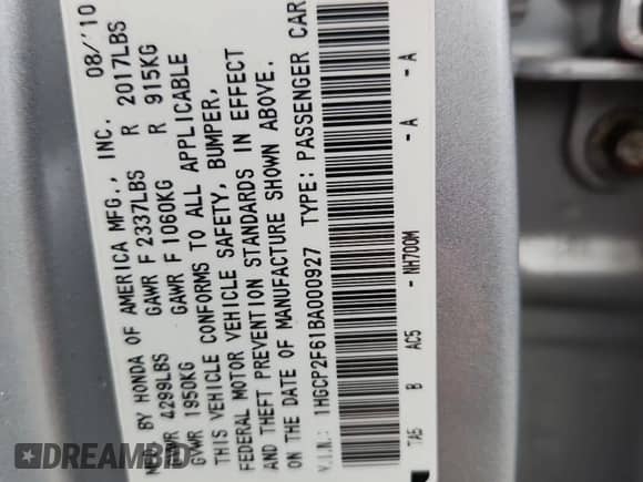 2011 Honda Accord SE with VIN 1HGCP2F61BA000927, listed as a Copart auction lot 67858825 with 139,556 mi miles and Salvage title. Bid and sale history available at DreamBid. Image 12.