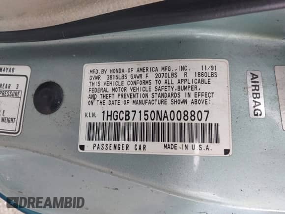 1992 Honda Accord with VIN 1HGCB7150NA008807, listed as a IAAI auction lot 43508118 with 323,266 mi miles and . Bid and sale history available at DreamBid. Image 9.