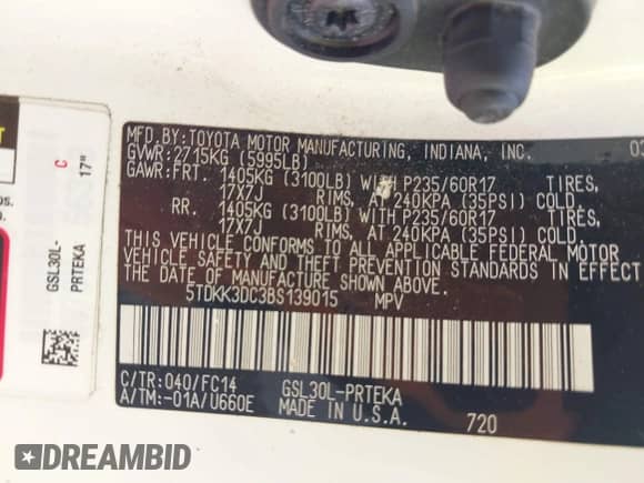 2011 Toyota Sienna LE AAS with VIN 5TDKK3DC3BS139015, listed as a IAAI auction lot 42924618 with 207,467 mi miles and . Bid and sale history available at DreamBid. Image 9.