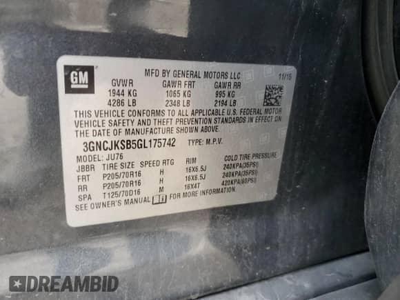 2016 Chevrolet Trax LS with VIN 3GNCJKSB5GL175742, listed as a Copart auction lot 70362265 with 86,655 mi miles and Salvage title. Bid and sale history available at DreamBid. Image 13.