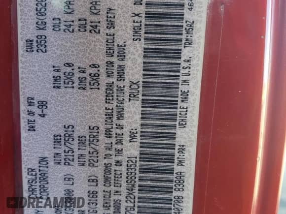 1998 Dodge Dakota SLT z VIN 1B7GL22X4WS693521, wystawiony jako Copart lot #61250105 z przebiegiem 97 534 mil mil oraz Szkoda całkowita • Salvage title. Historia ofert i sprzedaży dostępna na DreamBid. Obrazek 12.