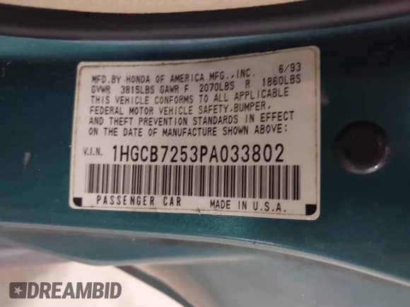 1993 Honda Accord z VIN 1HGCB7253PA033802, wystawiony jako IAAI lot #41624772 z przebiegiem 143 400 mil mil oraz . Historia ofert i sprzedaży dostępna na DreamBid. Obrazek 9.