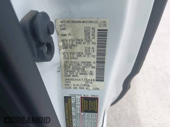 2020 Nissan Frontier S with VIN 1N6ED0CE4LN725848, listed as a IAAI auction lot 42343001 with 26,637 mi miles and . Bid and sale history available at DreamBid. Image 9.