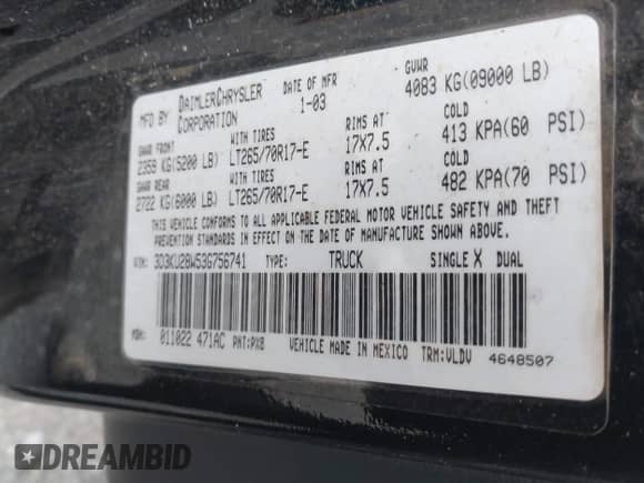 2003 Dodge RAM with VIN 3D3KU28W53G756741, listed as a IAAI auction lot 41986963 with 167,827 mi miles and . Bid and sale history available at DreamBid. Image 9.