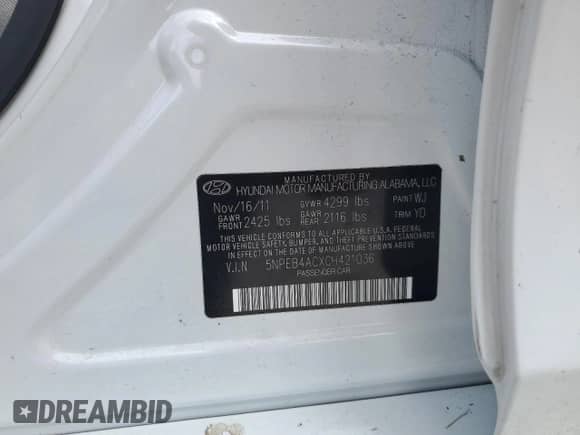 2012 Hyundai Sonata GLS z VIN 5NPEB4ACXCH421036, wystawiony jako Copart lot #86072765 z przebiegiem 110 439 mil mil oraz Szkoda całkowita • Salvage title. Historia ofert i sprzedaży dostępna na DreamBid. Obrazek 13.