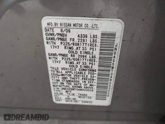 2010 Nissan Rogue SL с VIN JN8AS5MT0AW003029, выставлен на аукционе IAAI как лот 43373467 с пробегом 215 275 миль миль и . История ставок и продаж доступна на DreamBid. Изображение 9.