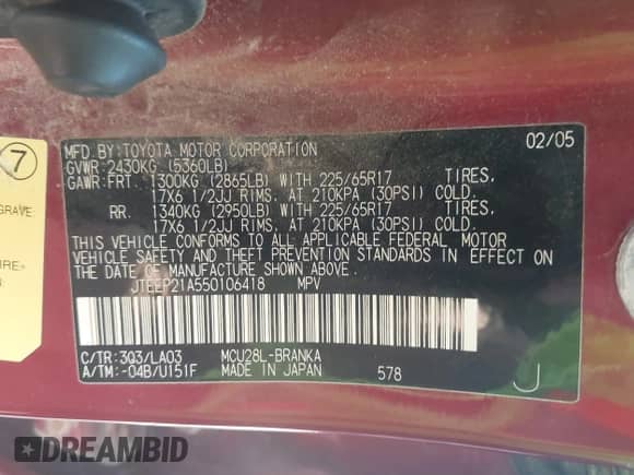 2005 Toyota Highlander с VIN JTEEP21A550106418, выставлен на аукционе IAAI как лот 43180690 с пробегом 265 660 миль миль и . История ставок и продаж доступна на DreamBid. Изображение 9.