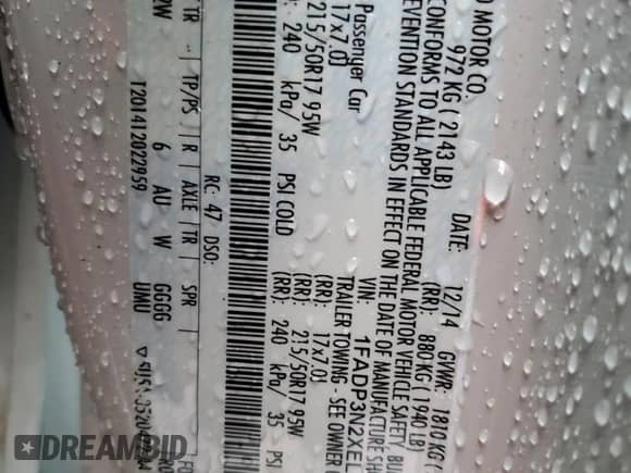 2014 Ford Focus Titanium with VIN 1FADP3N2XEL459394, listed as a Copart auction lot 70258785 with 262,909 mi miles and Non repairable. Bid and sale history available at DreamBid. Image 13.