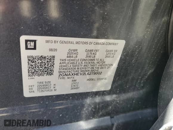 2020 Chevrolet Equinox LS с VIN 2GNAXHEV2L6278002, выставлен на аукционе Copart как лот 66139245 с пробегом 108 104 миль миль и Списание • Salvage title. История ставок и продаж доступна на DreamBid. Изображение 13.