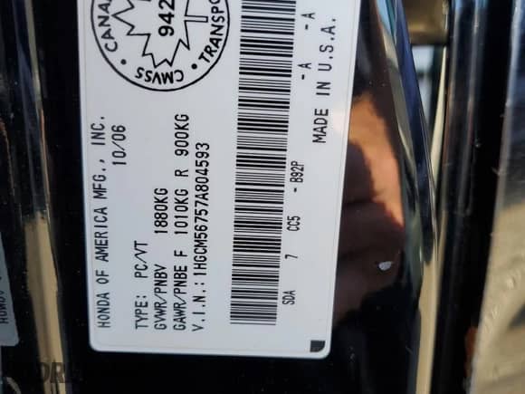 2007 Honda Accord EX with VIN 1HGCM56757A804593, listed as a Copart auction lot 80185415 with 219,607 mi miles and Salvage title. Bid and sale history available at DreamBid. Image 12.