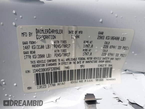 2005 Dodge Durango SXT with VIN 1D4HD38K05F538946, listed as a IAAI auction lot 42770069 with 174,348 mi miles and . Bid and sale history available at DreamBid. Image 9.