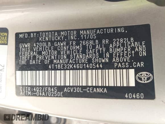 2006 Toyota Camry STD with VIN 4T1BE32K46U140544, listed as a IAAI auction lot 43478995 with 228,658 mi miles and . Bid and sale history available at DreamBid. Image 9.