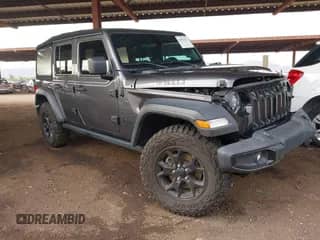 2021 Jeep Wrangler Unlimited Willys with VIN 1C4HJXDN3MW563173, listed as a IAAI auction lot 43073511 with 45,061 mi miles and . Bid and sale history available at DreamBid. Image 1.
