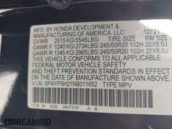 2022 Honda Pilot Special Edition with VIN 5FNYF5H21NB011652, listed as a IAAI auction lot 42772962 with 69,046 mi miles and . Bid and sale history available at DreamBid. Image 9.
