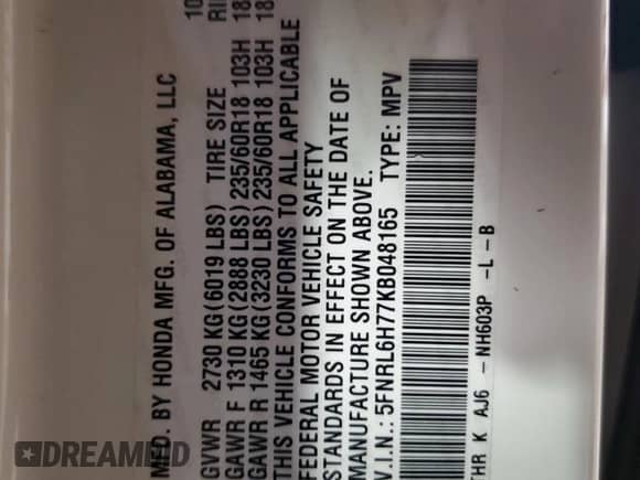 2019 Honda Odyssey EX-L with VIN 5FNRL6H77KB048165, listed as a Copart auction lot 85638065 with 163,178 mi miles and Salvage title. Bid and sale history available at DreamBid. Image 14.