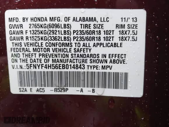 2014 Honda Pilot EX-L z VIN 5FNYF4H56EB014843, wystawiony jako IAAI lot #42965801 z przebiegiem 61 958 mil mil oraz . Historia ofert i sprzedaży dostępna na DreamBid. Obrazek 9.