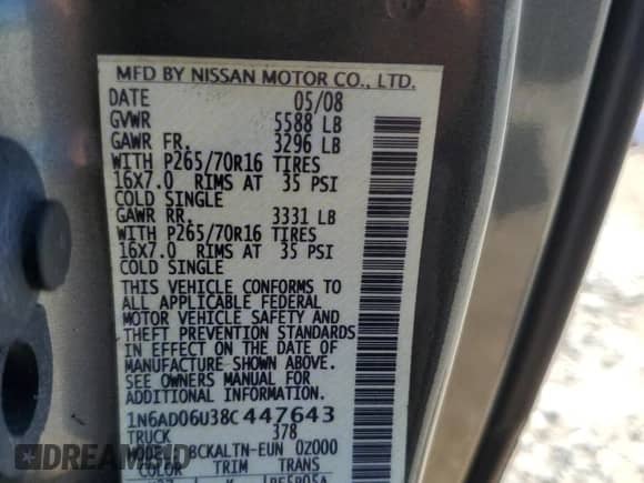 2008 Nissan Frontier SE with VIN 1N6AD06U38C447643, listed as a Copart auction lot 53454635 with 148,452 mi miles and Salvage title. Bid and sale history available at DreamBid. Image 13.