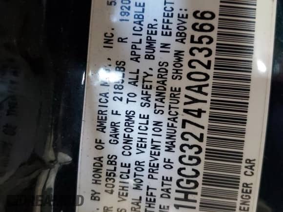 2000 Honda Accord EX with VIN 1HGCG3274YA023566, listed as a Copart auction lot 80879284 with 170,302 mi miles and Salvage title. Bid and sale history available at DreamBid. Image 14.