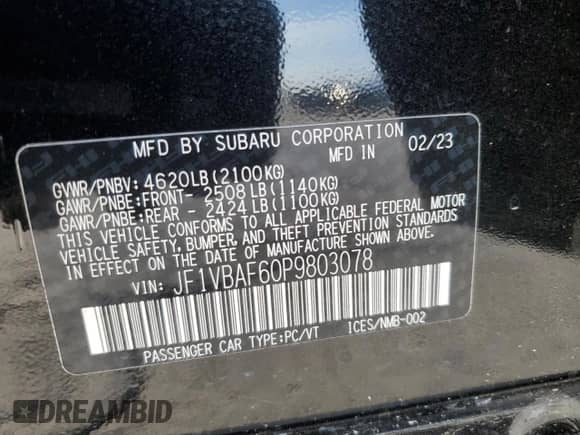 2023 Subaru WRX Premium with VIN JF1VBAF60P9803078, listed as a Copart auction lot 84482994 with 4,228 mi miles and Salvage title. Bid and sale history available at DreamBid. Image 15.