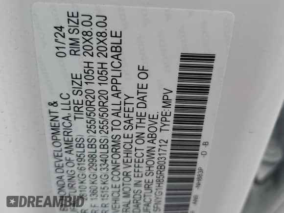 2024 Honda Pilot Elite with VIN 5FNYG1H85RB031712, listed as a Copart auction lot 70339915 with 47,356 mi miles and Salvage title. Bid and sale history available at DreamBid. Image 13.