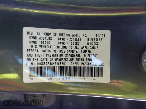 2017 Honda Accord EX-L with VIN 1HGCR2F88HA105291, listed as a IAAI auction lot 43581781 with 190,550 mi miles and . Bid and sale history available at DreamBid. Image 9.