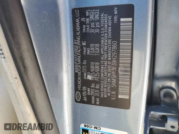 2009 Hyundai Santa Fe Limited с VIN 5NMSH13E39H297860, выставлен на аукционе Copart как лот 71921354 с пробегом 134 498 миль миль и Списание • Salvage title. История ставок и продаж доступна на DreamBid. Изображение 15.