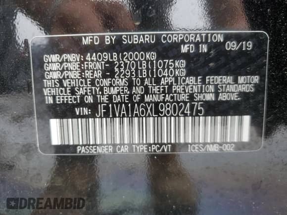 2020 Subaru WRX with VIN JF1VA1A6XL9802475, listed as a Copart auction lot 60427075 with 31,335 mi miles and Salvage title. Bid and sale history available at DreamBid. Image 13.